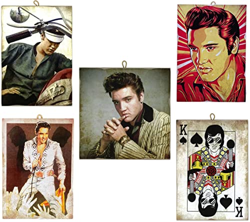 KUSTOM ART Set mit 5 Bildern, Vintage-Stil, berühmte Schauspieler, Elvis Presley, Kollektion, Druck auf Holz, 18 x 25 und 23 x 23 cm. von KUSTOM ART