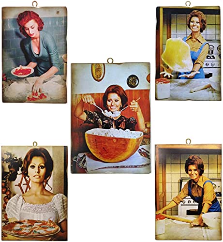 KUSTOM ART Set mit 5 Bildern im Vintage-Stil, Sofia Loren in der Küche, Druck auf Holz, für Restaurant, Pizzeria, Bar, Hotel von KUSTOM ART