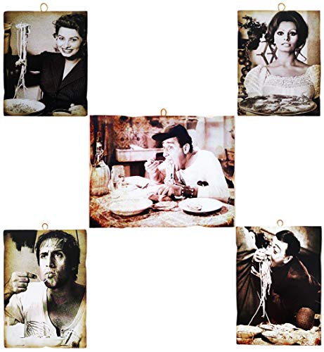 KUSTOM ART Set mit 5 Bildern im Vintage-Stil, berühmte Schauspieler – Sordi/Celentano/Sofia Loren/Totò/Sofia Loren(Pizza) – Druck auf Holz für Restaurant Pizzeria Traktorie Bar Hotel Locanda von KUSTOM ART