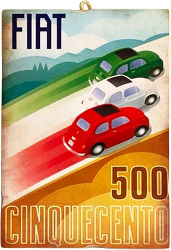 KUSTOM ART Wandbild im Vintage-Stil Serie Werbung Retro Auto Cinquecento 500 dreifarbig Druck auf Holz 25 x 18 cm von KUSTOM ART