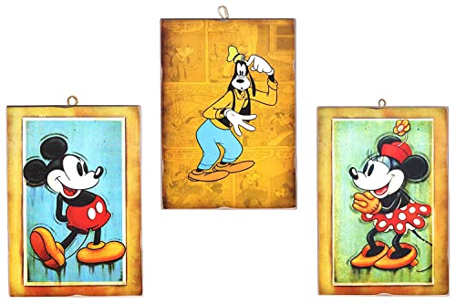 KUSTOM ART Zusammensetzung mit 3 Bildern, Vintage-Stil, Serie Comics Pippo, Micky und Micky (Miky und Minnie Mouse), Druck auf Holz, 18 x 25 cm von KUSTOM ART