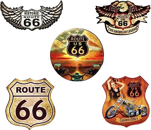 Set mit 5 Magneten Route 66 Vintage-Stil für Kühlschrank, Garage, Bar, Druck auf Holz von KUSTOM ART