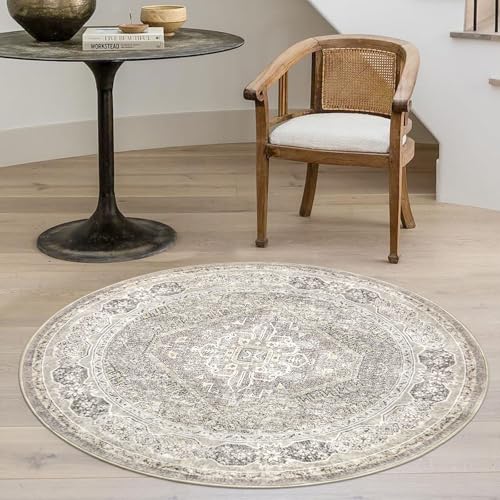 KUTA Orientalische kleine runde Teppiche, 91 cm, Elfenbeingrau, Gelb, waschbar, Kreis, Innenbereich, rutschfest, Vintage-Medaillon-Teppich für Eingangsbereich, Bauernhaus, Küche, Esszimmertisch von KUTA