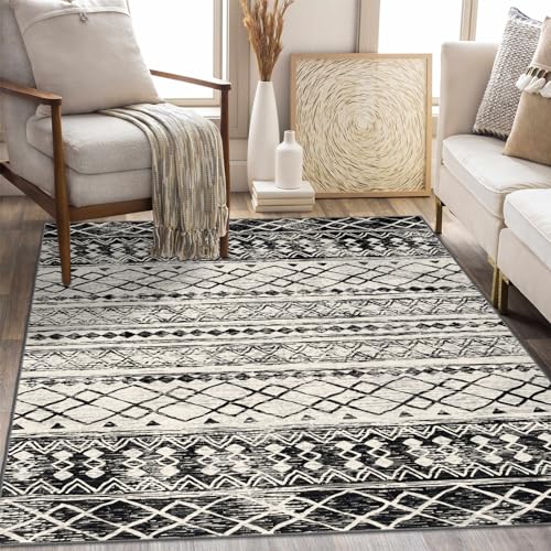 KUTA Schwarzer Boho-Teppich für Wohnzimmer, marokkanisch, waschbar, Küchenteppich, rutschfest, ultraweicher Druck, geometrischer Eingangsteppich, niedriger Flor, Überwurf, Teppich für Schlafzimmer, von KUTA
