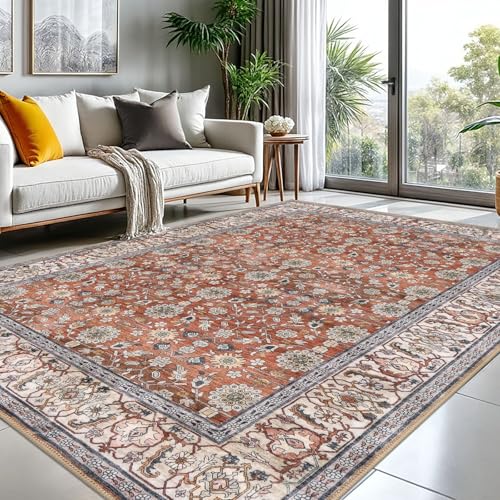 KUTA Vintage-Teppich für Wohnzimmer, 2,4 x 25,4 cm, Terrakotta, waschbar, großer Teppich für Schlafzimmer, 2,4 x 3 m, rutschfest, ultradünn, weich, bedruckt, traditionelles Blumenmuster, Used-Look von KUTA