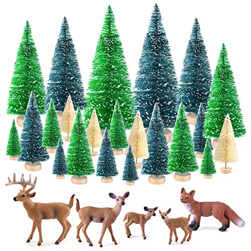 KUUQA 25 Stücke Mini Sisal Bäume Flasche Pinsel Bäume Schnee Frost Bäume mit Miniaturfiguren Wald Tiere Hirsch Fuchs Tischplatte Handwerk DIY Room Decor Mini Weihnachtsdorf Dekoration von KUUQA