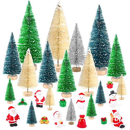 KUUQA 29 Pcs Mini Sisal Schnee Frost Bäume Flasche Pinsel Bäume Mini Weihnachtsbäume mit Figuren Weihnachtsmann, Schneemann, Geschenkboxen Miniatur Ornamente für Weihnachtsdorf Dekoration von KUUQA