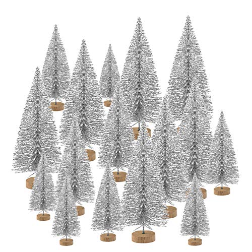 KUUQA 48 Stücke Mini Weihnachtsbäume Flasche Pinsel Bäume Tabletop Modell Bäume für Weihnachtsdekoration DIY Room Decor Diorama Modelle (glänzendes Silber，5 Verschiedene Größen) von KUUQA