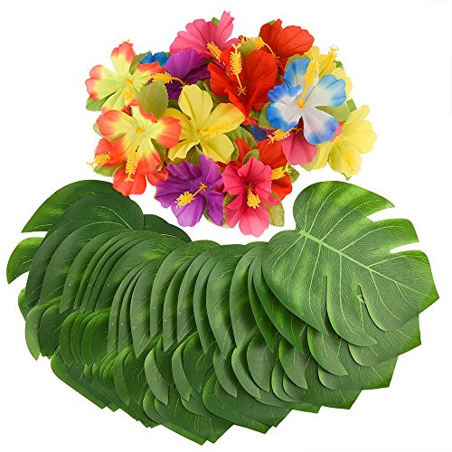 KUUQA 60 Stück Tropical Party Dekoration liefert 8 "Tropical Palm Monstera Blätter und Hibiskusblüten, Simulation Blatt für hawaiische Luau Party Jungle Beach Thema Tischdekoration von KUUQA