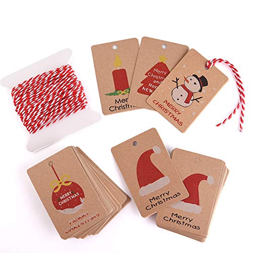 Kuuqa 50 Stück Kraftpapier Weihnachtsetiketten für Geschenke für Weihnachten Geschenk Verpackung Etikett mit Seil zum Aufhängen, 5 verschiedene Designs von KUUQA