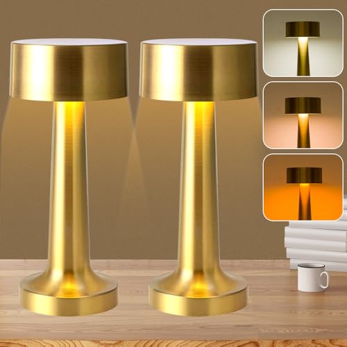 KUWUNG 2 Pack Led Akku Tischlampe Kabellos, Touch Dimmbar Tischleuchte Gold Nachttischlampe, USB Aufladbar Retro Tischlampe Mit 3 Farbwechsel, Flowerpot Geeignet Für Indoor Esszimmer Bar Terrasse von KUWUNG