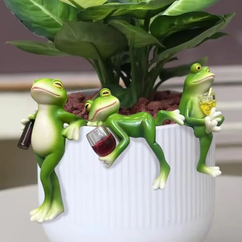 KUWUNG 3 Stück Frosch Deko Figuren für Blumentopf Hänger, Frosch Statue mit Weinglas für Garten Dekoration, Frosche Harz Figuren Miniteich Deko, Gartendeko Draußen, Topfdekorationen von KUWUNG
