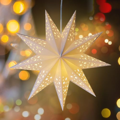 KUWUNG Weihnachtsstern Beleuchtet, 3D Papierstern Weihnachtsstern zum Aufhängen, 60cm LED Advents Leuchtstern Fenster, Papiersterne zum Aufhängen, Hängende Weihnachtsdeko Leuchtstern von KUWUNG