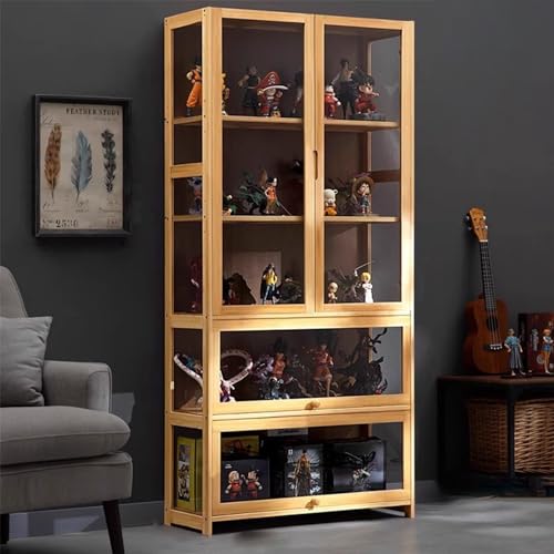 KUYATE Glasvitrine, antiker Vitrine mit Glastür, antiker Schrank, Vitrine, natürlicher Bambusrahmen, Einzel-/Doppeltür-Design, praktische Aufbewahrung, 80 x 32 x 170 cm, Holzfarbe von KUYATE