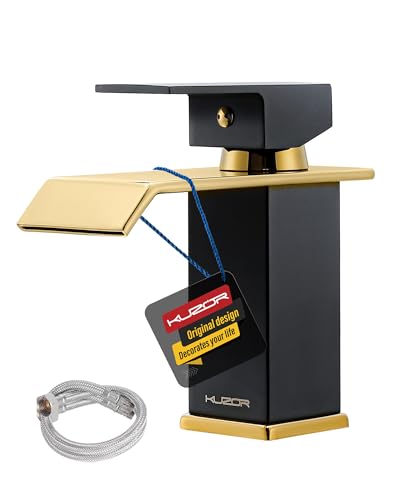 KUZOR 1PC Messing Wasserhahn Bad Waschtischarmatur - 5-minütige Installation, Wasserfall Badezimmerarmatur mit 50cm Kaltes Warmes Wasser Schläuche - Höhe 141 mm, Gewicht 631,4 g - Mattschwarz und Gold KUZOR 1PC Messing Wasserhahn Bad Waschtischarmatur - 5-minütige Installation, Wasserfall Badezimmerarmatur mit 50cm Kaltes Warmes Wasser Schläuche - Höhe 141 mm, Gewicht 631,4 g - Mattschwarz und Gold von KUZOR
