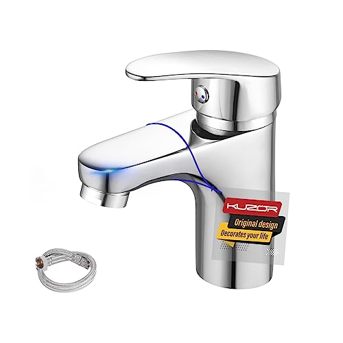 KUZOR Wasserhahn Bad Waschtischarmatur Messing, Badezimmerarmatur mit 50cm Kaltes Warmes Wasser Schläuche, waschbecken armaturen Chrom- Höhe 130 mm - 5-minütige Installation von KUZOR