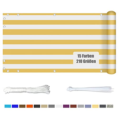 KUZRZNH Balkonabdeckung, 90x900CM Balkonumspannung Balkonabdeckung mit Ösen, Wasserdicht Blickdichte Wind- und UV-Schutz Balkonverkleidung für Terrasse & Zaun, Gelb und weiß von KUZRZNH