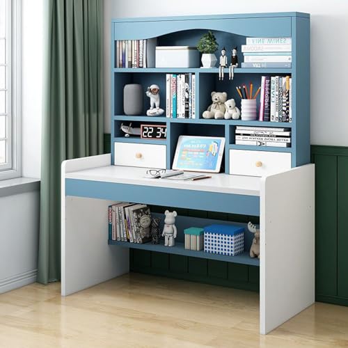 KUviez Computertisch mit 2 Schubladen und Bücherregal, höhenverstellbarer Schreibtisch für Teenager, kompakter Schreibtisch und Arbeitsplätze für Mädchen und Jungen (100 cm, blau) von KUviez