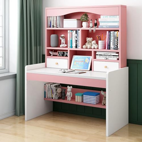 KUviez Computertisch mit 2 Schubladen und Bücherregal, höhenverstellbarer Schreibtisch für Teenager, kompakter Schreibtisch und Arbeitsplätze für Mädchen und Jungen (100 cm, rosa) von KUviez