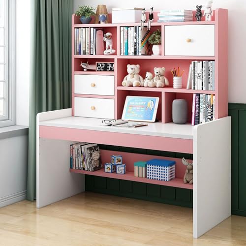 KUviez Computertisch mit 2 Schubladen und Bücherregal, höhenverstellbarer Schreibtisch für Teenager, kompakter Schreibtisch und Arbeitsplätze für Mädchen und Jungen (120 cm, rosa) von KUviez