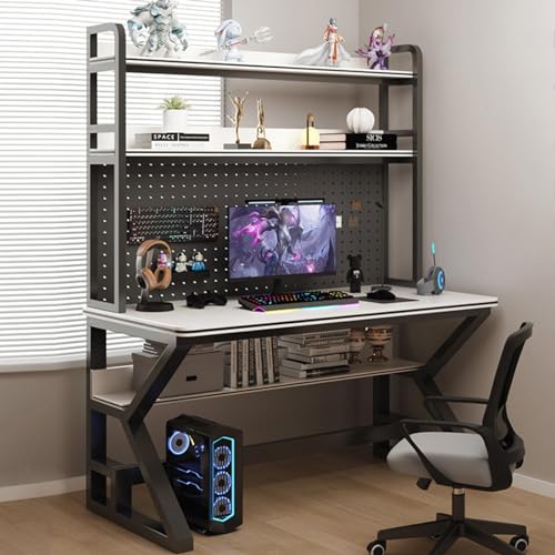 KUviez Gaming-Schreibtisch, Computertisch mit Stecktafel und Ablageflächen, industrieller Gaming-Schreibtisch, PC-Schreibtisch, multifunktionaler Arbeitsplatz für das Heimbüro (120 cm, weiß) von KUviez