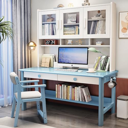 KUviez Gaming-Schreibtisch, Massivholz-Schreibtisch mit Schubladen und Bücherregal, Studenten-Arbeitstisch/Arbeitsplatz mit Glastür für das Heimbüro (47" B x 73" H x 24" T, blau) von KUviez