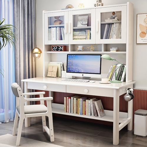 KUviez Gaming-Schreibtisch, Massivholz-Schreibtisch mit Schubladen und Bücherregal, Studenten-Arbeitstisch/Arbeitsplatz mit Glastür für das Heimbüro (47" B x 73" H x 24" T, weiß) von KUviez