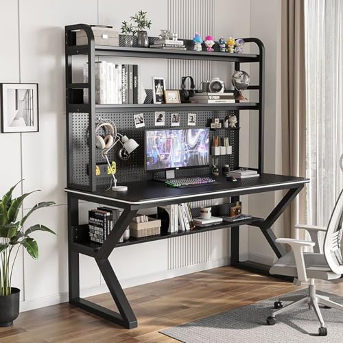 KUviez Home-Office-Schreibtisch mit Stecktafel, großer PC-Tisch, Computertisch mit Regalen, multifunktionale Werkbank, Arbeitszimmer, Schreibarbeitsplatz (47,2" B x 66,9" H x 23,6" T, schwarz) von KUviez
