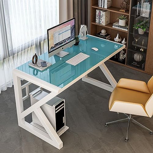 KUviez Moderner, einfacher Arbeitsschreibtisch, Arbeitstisch, Computertisch aus gehärtetem Glas, Heimbüro-Schreibtisch, Arbeitsplatz (39 Zoll, Rahmen in Blau + Weiß) von KUviez