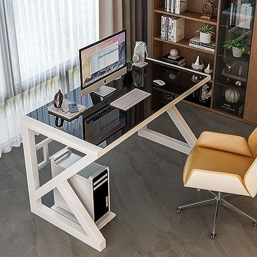 KUviez Moderner, einfacher Arbeitstisch, Computertisch aus gehärtetem Glas, Home-Office-Schreibtisch, Arbeitsplatz (47 Zoll, Rahmen in Schwarz + Weiß) von KUviez
