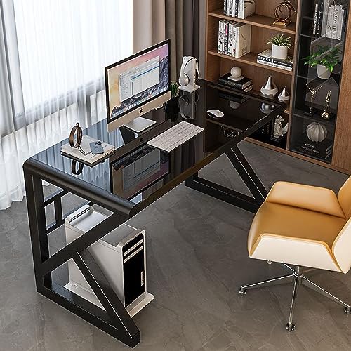 KUviez Moderner, einfacher Arbeitstisch aus gehärtetem Glas, Computertisch, Heimbüro-Schreibtisch, Arbeitsplatz (39 Zoll, schwarz) von KUviez