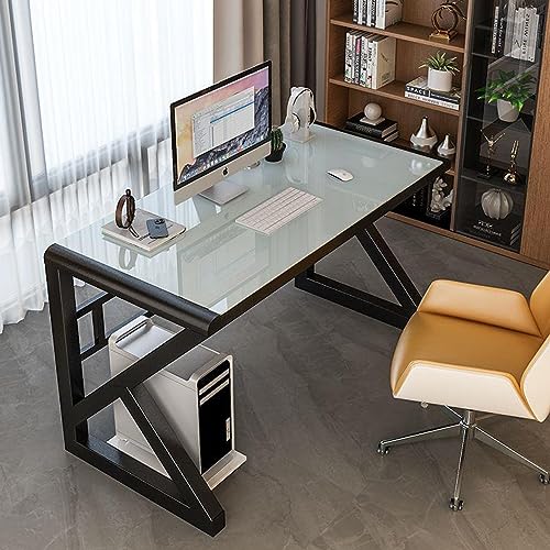 KUviez Moderner, einfacher Arbeitstisch aus gehärtetem Glas, Computertisch, Heimbüro-Schreibtisch, Arbeitsplatz (39 Zoll, weiß + schwarzer Rahmen) von KUviez