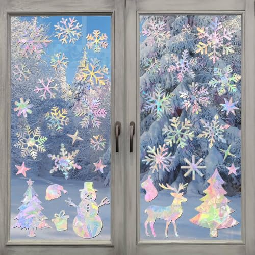 Fensterbilder Weihnachten, Weihnachten Deko, 3 Blätter Wiederverwendbar Weihnachts Fensterdeko, Schneeflocken Weihnachtsbaum Fensterdeko, Vogelschutz Prisma Fenster Weihnachtsdeko Für Weihnachten von KVGBNT