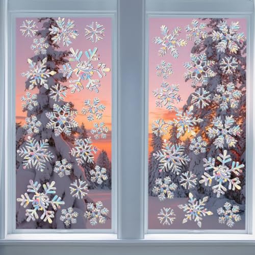 Fensterbilder Weihnachten,Weihnachten Deko,26 Schneeflocken Fensterdeko Weihnachten Vogelschutz Prisma Fensteraufkleber,Fensterbilder Weihnachten Selbstklebend,Deko Weihnachten Suncatcher window von KVGBNT