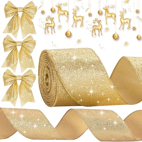 KVGBNT Schleifenband Weihnachten, Weihnachten Deko, 9,1M Weiches Schleifenband 63MM Schleifenband Weihnachten Für Weihnachten Basteln, Geschenkverpackungen, Baumschmuck Weihnachten (Glitzergold) von KVGBNT