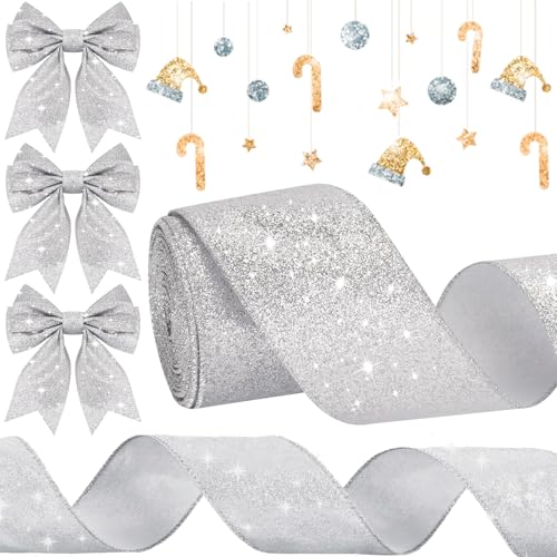 KVGBNT Schleifenband Weihnachten, Weihnachten Deko, 9,1M Weiches Schleifenband 63MM Schleifenband Weihnachten Für Weihnachten Basteln, Geschenkverpackungen, Baumschmuck Weihnachten (Silber) von KVGBNT