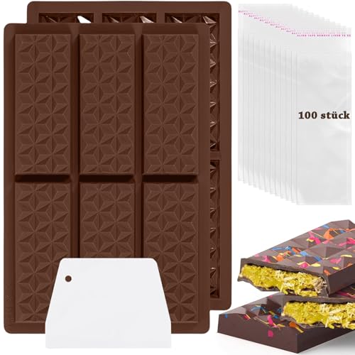 Schokoladenform Silikon, 2 Stück Silikonform mit Schaber und Tasche, Dubai Schokolade Form Tief für Praline Süßigkeiten Backen von KVGBNT