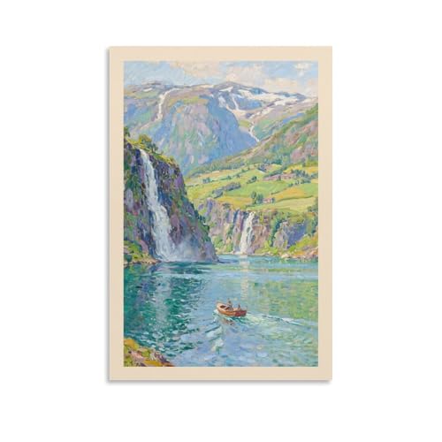 KVIINKD Hardangerfjord Norwegen Wasserfall Boot Ölkunst Wohnzimmer Schlafzimmer Dekor Moderne ästhetische Wandkunst Poster Geschenk für Freunde Ungerahmter Stil 30 x 45 cm von KVIINKD