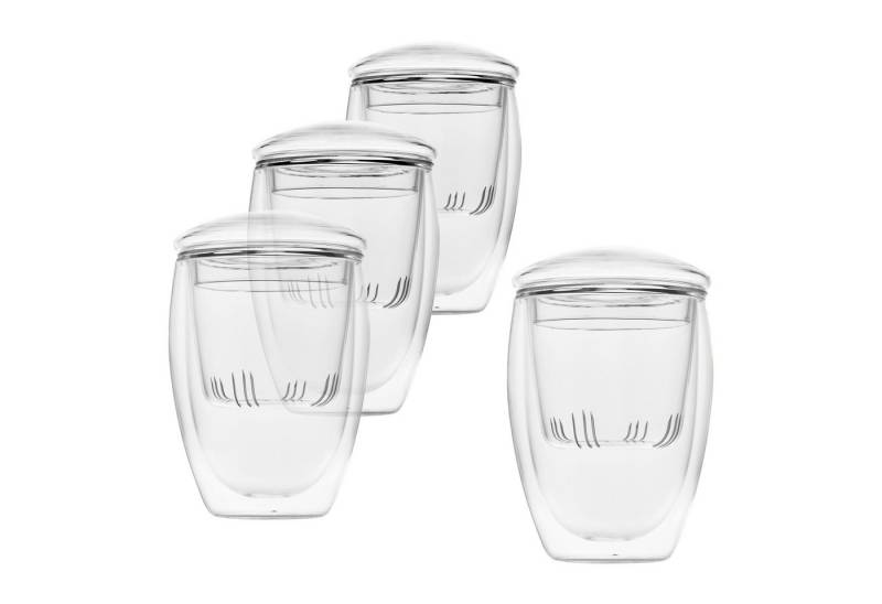 KVOTA Teeglas 4-er Set Doppelwandige Gläser je 350ml mit Sieb und Deckel aus Glas, Borosilikat-Glas, Borosilikatglas, Sieb und Deckel (als Untersetzer für Sieb) von KVOTA