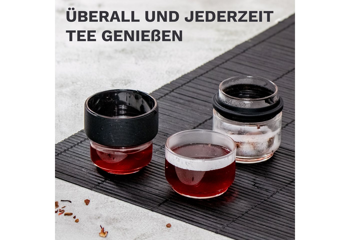 KVOTA Teeservice Glas-Teeset mit Reiseetui – Teekanne 150 ml + 2 Teegläser je 100 ml (4-tlg), 2 Personen, Glas, Silikon, Reiseetui, kompakt, Teegenuss von KVOTA