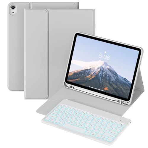KVTVOU Tastatur Hülle für iPad Air 4./ 5. Generation 10,9 Zoll für iPad Air 11 Zoll 2025/2024(M3/M2) Wiederaufladbare drahtlose Tastatur, 7 Farben der Beleuchtung, Deutsches QWERTZ-Layout, Grau von KVTVOU