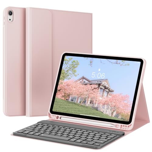 KVTVOU Tastatur Hülle für iPad Air 4./ 5. Generation 10,9 Zoll für iPad Air 11 Zoll 2025/2024 (M3/M2) wiederaufladbar, Magnetisch Drahtlose Bluetooth Tastatur, Deutsches QWERTZ-Layout, Rosa von KVTVOU