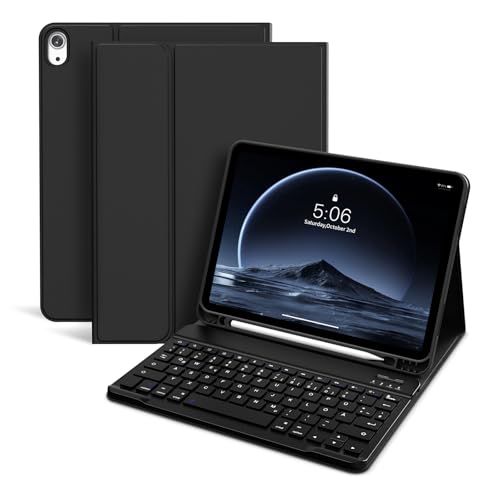 KVTVOU Hülle mit Tastatur für iPad Air 11 Zoll M3/M2, für iPad Air 7./6./5./4. Generation 2025/2024/2022/2020 10,9 Zoll, Abnehmbare Bluetooth Kabellose Tastatur, QWERTZ, Schwarz von KVTVOU
