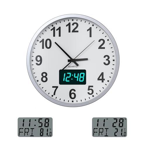 KWANWA Moderne Wanduhr ohne Tickgeräusche • Digitale LCD/LED-Anzeige • Kalender & Temperatur • Batteriebetrieb • 30,5cm • 12h Format,Perfekt für Küche, Schlafzimmer & Büro KWANWA Moderne Wanduhr ohne Tickgeräusche • Digitale LCD/LED-Anzeige • Kalender & Temperatur • Batteriebetrieb • 30,5cm • 12h Format,Perfekt für Küche, Schlafzimmer & Büro von KWANWA