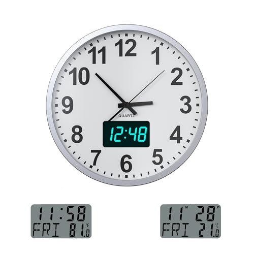 KWANWA Modern Wanduhr Ohne TickgeräUsche,große Wanduhr mit analoger Zeitanzeige,digitaler Kalender-und Temperaturanzeige,batteriebetrieben,30.5cm,für KüChe Schlafzimmer BüRo Schule von KWANWA