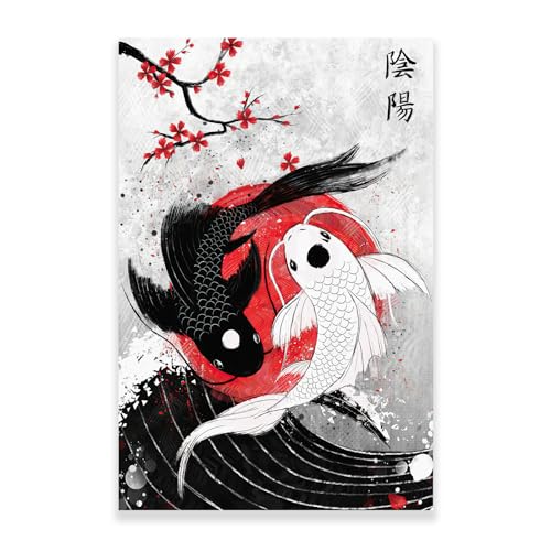 KWAY Japanische Yin-Yang-Wandkunst, Koi-Fisch, Wanddekoration, Kirschblüten, Leinwand, Wandkunst, Poster, Schwarz-Weiß-Rot, Bild, japanische Kunst, Wanddekoration, Posterbild, ungerahmt (30 x 45 cm) von KWAY