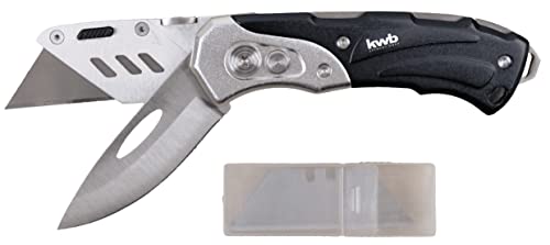 kwb 16910 Universal-Messer inkl. Cutter-Messer klappbar, zwei extra scharfe 60 x 19 mm Trapez-Klingen aus Metall, inkl. Ersatz-Klingen, Zweihand-Bedienung, Teppich-Messer mit stabiler Messerklinge von kwb
