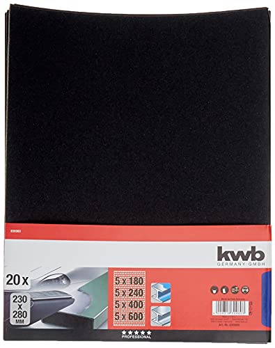 kwb Schleifpapier-Set – 20 Stk. 230 mm x 280 mm, Lack & Auto, wasserfest - Siliziumcarbid bestreut von kwb