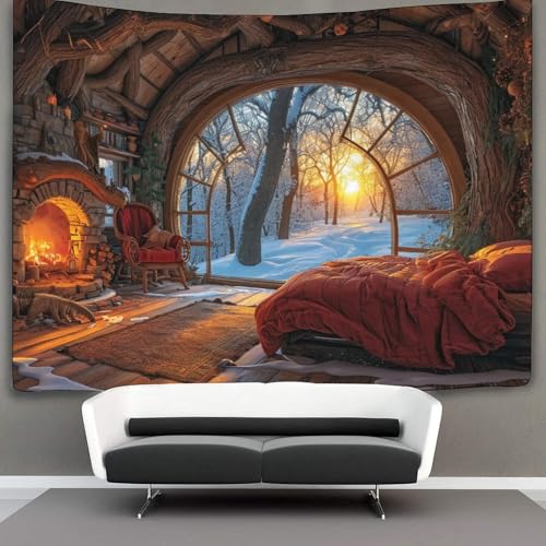 KWFYBEHZ Kamin Tapisserie Winter Wald Cabin Tapisserie Wandbehang Wandteppiche Für Schlafzimmer Wohnzimmer Wohnung Wohnheim Dekorationen Wandkunst Dekor 180cmx230cm von KWFYBEHZ