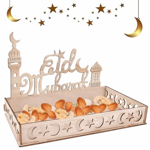 KWHSUN Ramadan Teller,Eid Mubarak Tablett Holztablett Tischdeko,Mond Stern Serviertablett,Ramadan Dekorationen Mond Tablett,Ramadan Tablett Deko,Ramadan Tischdekoration von KWHSUN